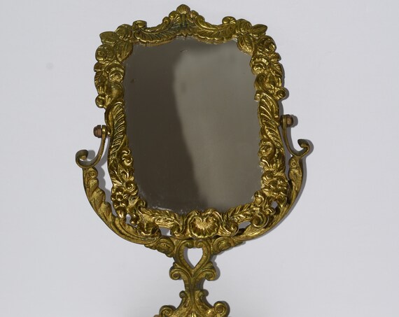 Antique Solid Brass Mirror Ornate French Style Vintage Rococo Gold 16 inches high Victorian Vanity Mirror Dressing Table Glamour Art Noveau