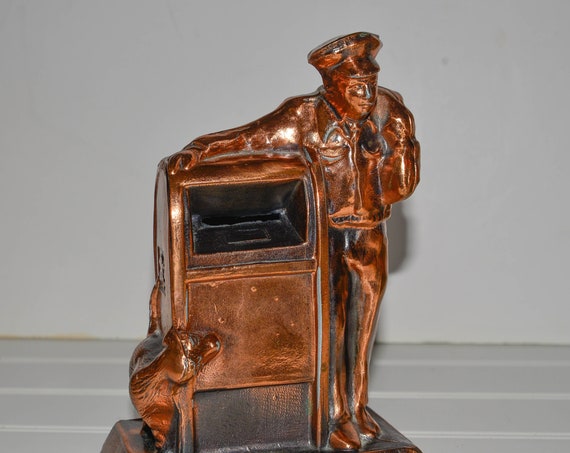 Postal service US Mail Bank bronze over Metal credit union With original Key Dog and Mail man at Mail Box advertising