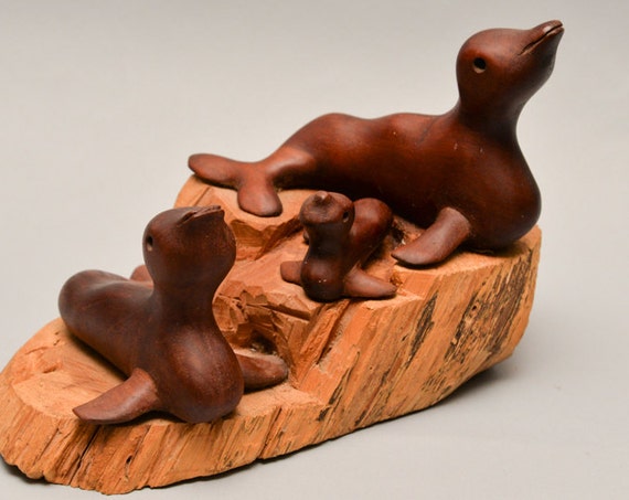 Wood Carved Driftwood Seals Statue Wood Folk Art Statue Mid Century Organic Decor