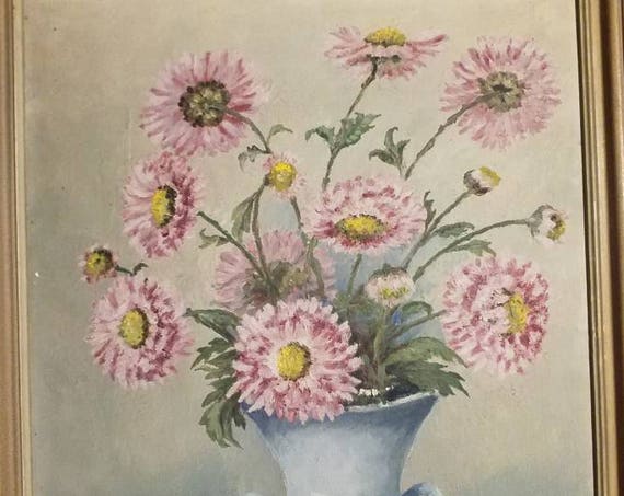 Bouquet of flowers still life oval wood framed antique painting country simplicity and colors 14x18 signed Mary Bonney