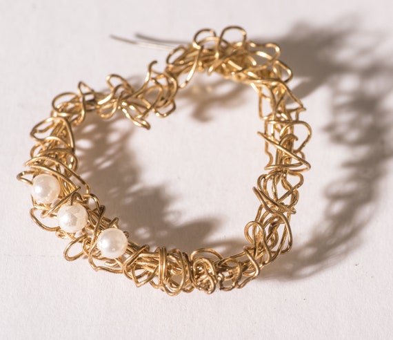 Vintage hand made Wire Wrapped Huge Heart pin with Seed Pearls 2 by 2 inches Free Form Free shipping USA