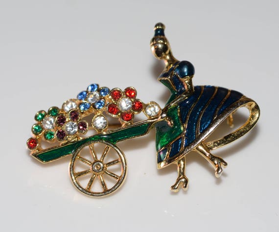 Rhinestone and enamel Vintage Girl Pushing Flower Cart Flowers for sale Pin Brooch Free ship US Mothers day
