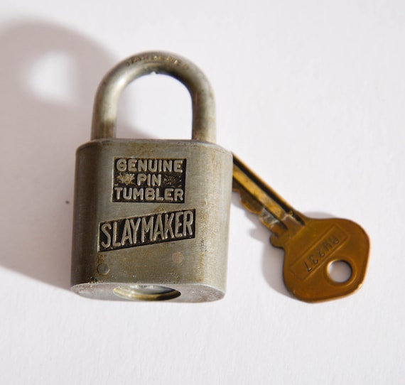 Vintage white steel Slaymaker Padlock with Working key Illinois Central Rail Road RR ICRR
