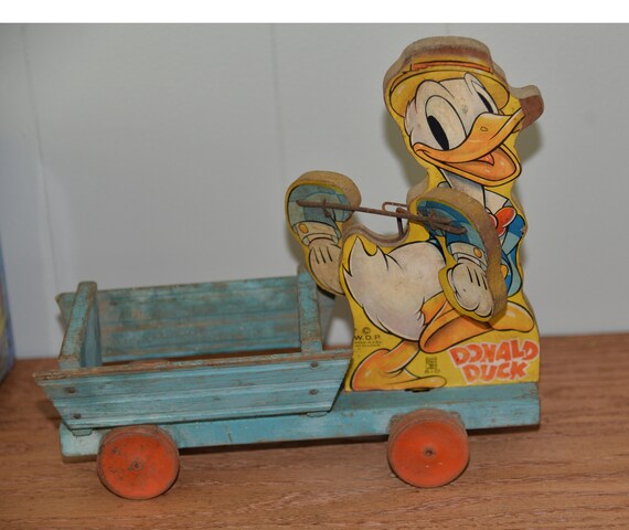 Walt Disney Fisher Price Toy Donald Duck with Wooden cart 1950s Nice Graphics
