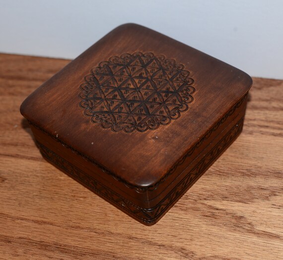 Made in Poland Carved Trinket Box Intricate Folk Art Stash Box Wood Carved