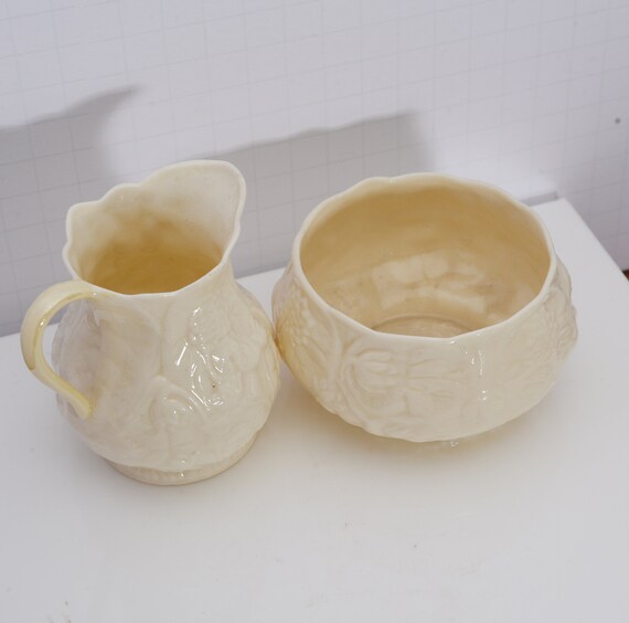 Belleek Pottery Creamer and Sugar Pitcher and Bowl Pair 1955-65 Green Mark
