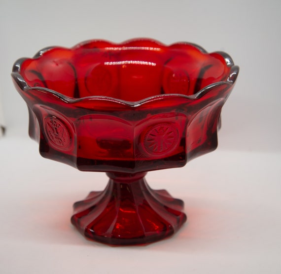 US Coin Pattern Glass EAPG Patterns Footed Red Compote Christmas Dinner Table Fruit Bowl Vintage Glassware Bright Red