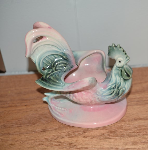 Hull Pottery Pink Blue Rooster Planter 1953 Mid Century Modern Chicken Colorful modern pop of color