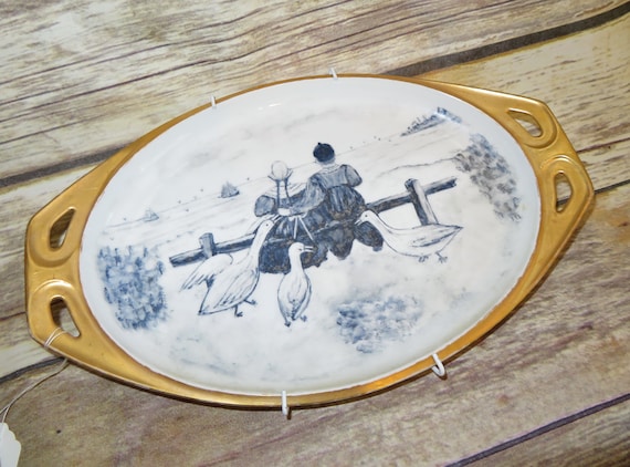 RS Germany Circa 1940s hand painted delft Holland Scene Blue and White Gold gilt Platter Wall Hanger