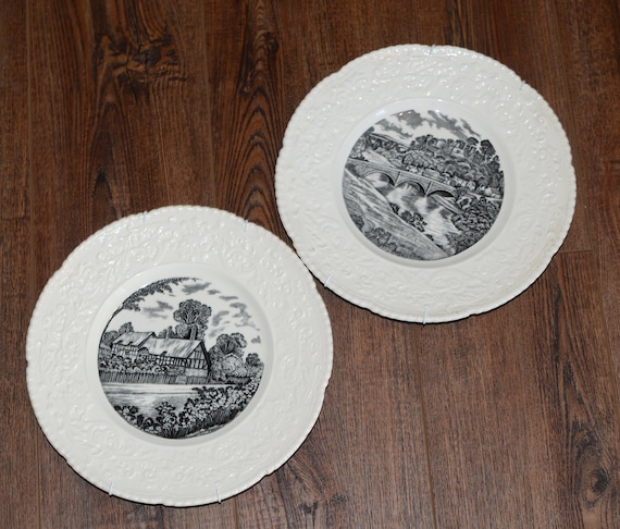 Royal Cauldon Black Transfer ware Cabinet Plates Anne Hathaway Cottage & Ludlow Castle Dinham Bridge 1930 Decorative Wall Plate