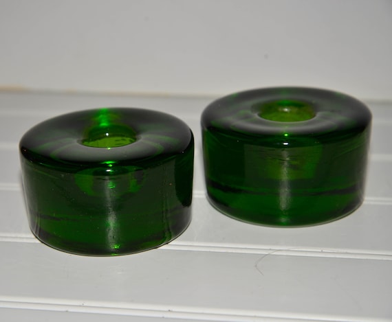 Blenko W. Virginia Glass Vintage Chunky Emerald Green Candlesticks
