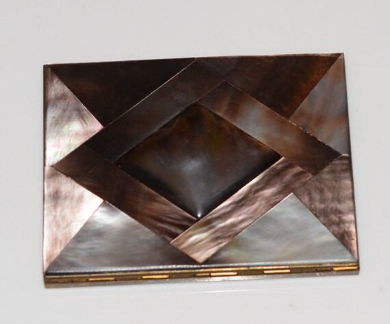Vintage Geometric Mother of Pearl MOP Abalone Compact Card Case 1940-60s Brass Case Machine turned interior