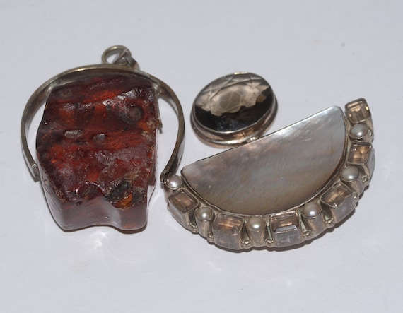 2 Huge Jewelry Pendants MD 925 Sterling Abstract Chunky Amber Resin and Abalone and quartz Findings Chunky
