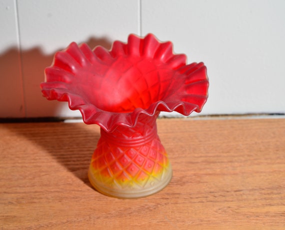 Vintge Diamond Point Amberine Satin Finish Ruffled Edge Vase Pilgrim or US glass