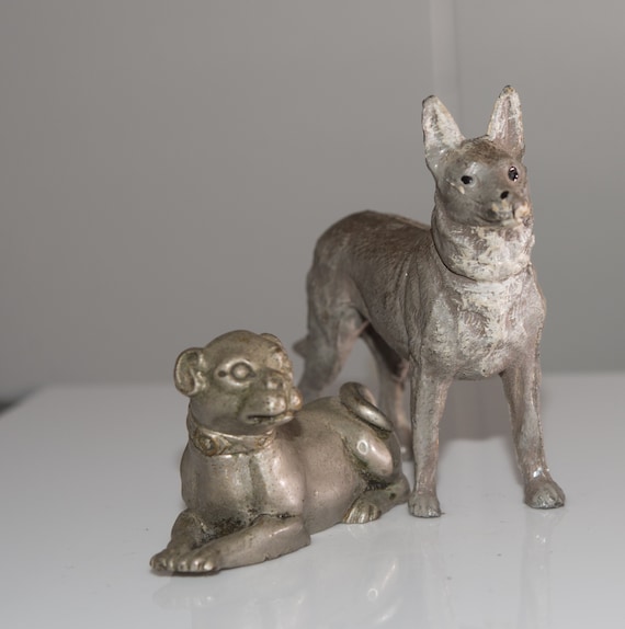 Pair of Art Deco Ero Metal Cast Dogs Bulldog and German Shepard Ornaments Tropies, or figurings Spelter