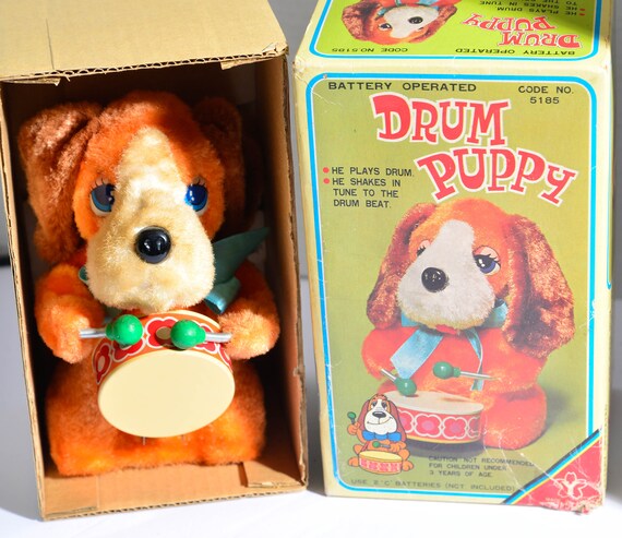 Vintage Battery Operated Yonezawa Toy Japan Drum Puppy Works with Box Drum Playing dog Vintage Toys
