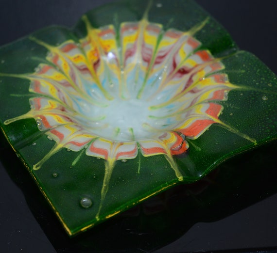 Vintage Fused Glass Ashtray Emerald Green Bubbly Yellow Orange Starburst Free Formed Glass Art Glass mid Century Decor