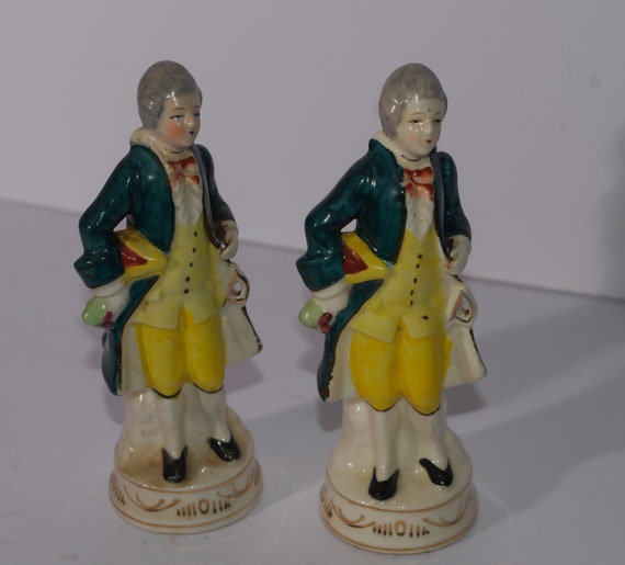 Occupied Japan Matched Pair Colonial Figurine Green and Yellow Moriyama Mark Bisque Figurines
