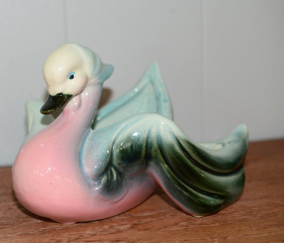 Pink and Blue Hull Pottery Floristware Vase Duck with Scarf Vintage 1940-60s Planter Florist Vase Retro Colors Pop of Color Baby Gift