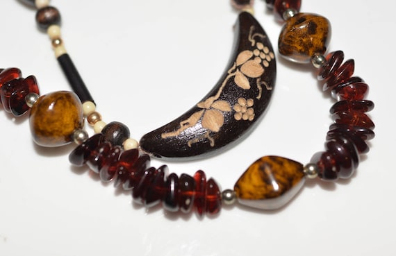 Two Earthy Natural Necklace rich Earthtone Glass Bead, and Carved wood Naturalistic Nature themed