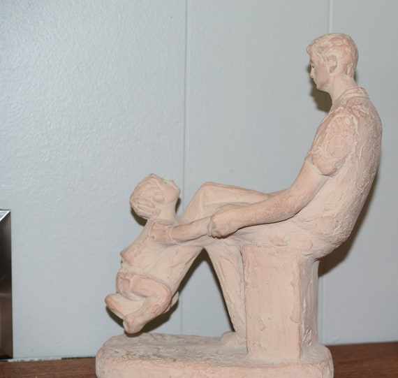 Austin Sculpture Best of Times Klara Sever 1973 Father and Son Clay Sculpture AP 1649 Excellent Condition Father with Child on leg knee