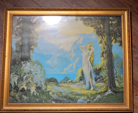 Large Framed original L. Godard Print the Awakening Maxfield Parrish Era Lithograph Colorful original Frame