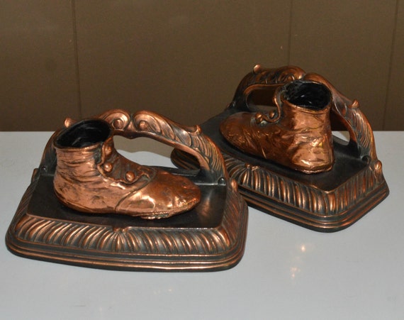 Art Deco Baby Shoe Bookends Bronze Victorian button up infant shoes