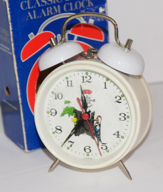 MIB NOS Helm Clock Animated Woodpecker Alarm Clock Vintage Moving Alarm Clock Wind up C1970s New in Box