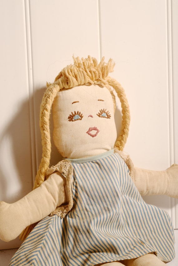 Vintage 1950s Rag doll Two faces sleep and awake, hand made 1950s kit hand made folk art doll Soft Body