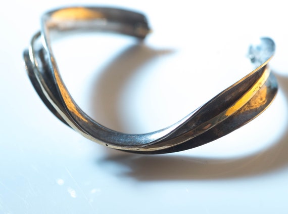 Sterling GF Peter James Vintage Modernistic Bracelet Twisty Topsy Silver Cuff with Gold Filled Wire Mixed Metal