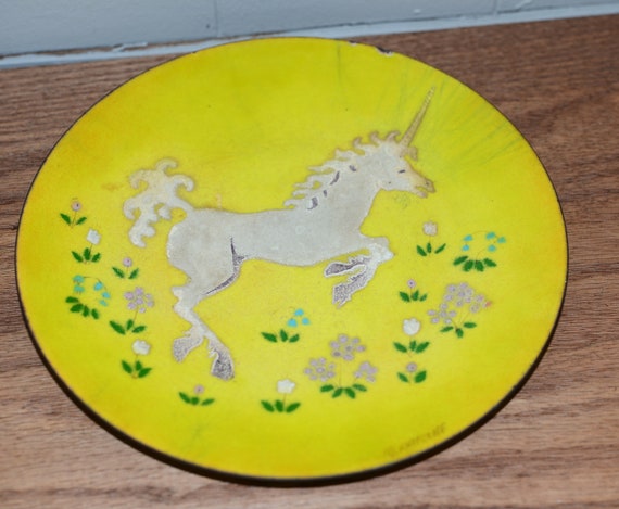 Enamel on Copper Unicorn Plate Sunny Yellow Mid Century Margaret "Peggy" Ratcliff 8.5 Plate Mid Century modern