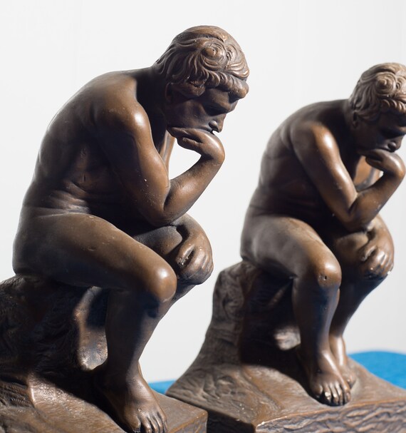 Large Thinking Man bookends Chalkware Vintage Book Ends 1950s 1960s Rodin Esco