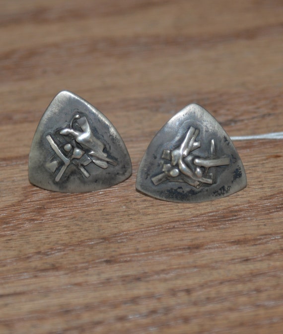 Modernistic Free Form Abstract Sterling Silver Chunky Cufflinks Signed Sterling 1X1 inch Sheild Triangular shaped