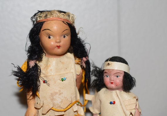 Pair of antique Composition Bisque Native American Dolls German, American Hand crafted Antique dolls