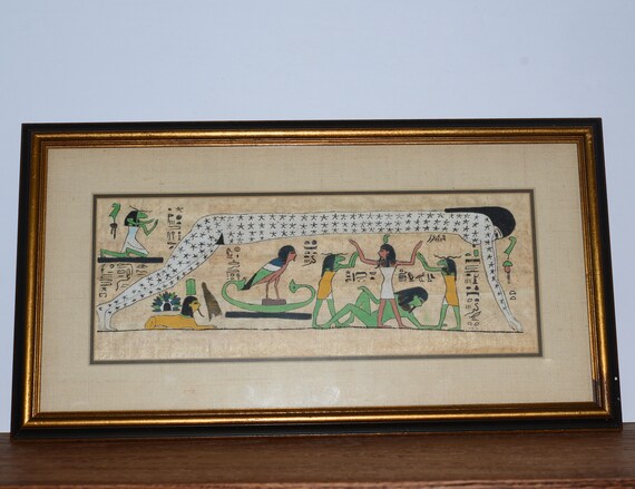 vintage egyptian parchment papyrus hieroglyphics artwork framed 21 inches long Egypt Art