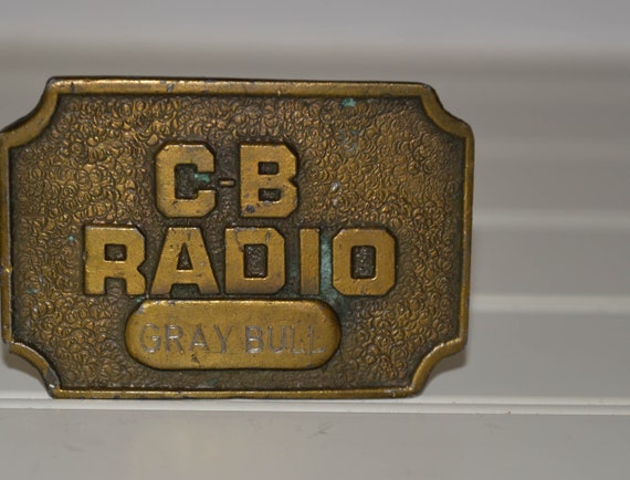 Vintage 1970s CB radio Truckers Brass Belt Buckle Gray Bull Call name, vintage retro Chunky cast belt