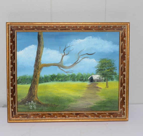 Small 8X10 Hand Signed Oil on Canvas Framed Barn Country Scene With Tree and field 1988