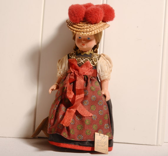 Vintage Hard Plastic Schmider German Black Forest Doll tiny Souvenir doll 1970s with hang tag Costume doll