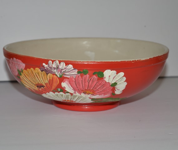 Ransburg Pottery 10" Serving Bowls Orange with Asters Ohio Pottery 1940s