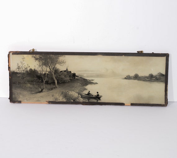 Ullman Mfg Landscape Photo Mechanical Print 1900s Lake Side Scene Boating antique Print Narrow Footlong Image James Lambert