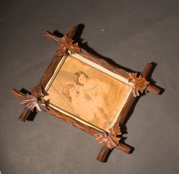 Black Forest Arts And Crafts Era Small Picture Frame with Victorian Image Carved wood Folk Art Frames Arts and Crafts Era