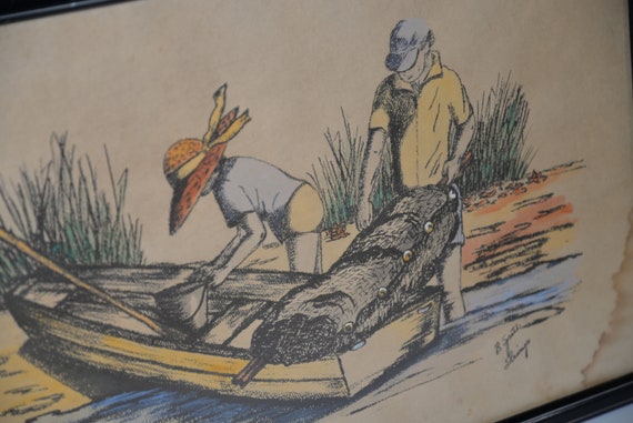 Low country original Pastel Crayon Drawing Shrimping Fishing Vintage Folk art Hand drawn Marion , SC