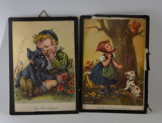 2 Framed German Prints Children with Dogs , in Confidence and in memory scotty Dog Adorable Childrens Art