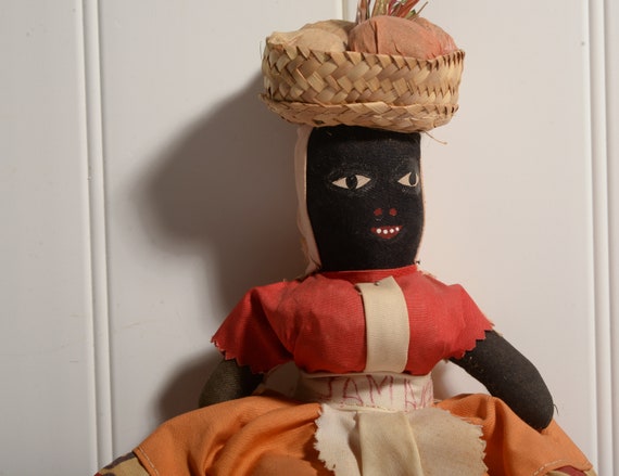 Large Vintage Black Rag Doll Jamaica With Basket, hand sewn Folk Art Doll from Estate collection