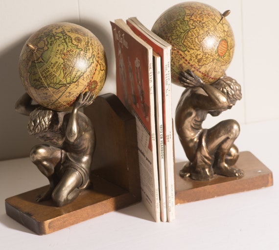 Vintage Bookends Kneeling Atlas Holding Globe Bookends Metal Wood Made in Italy Large 11 inch Unusual