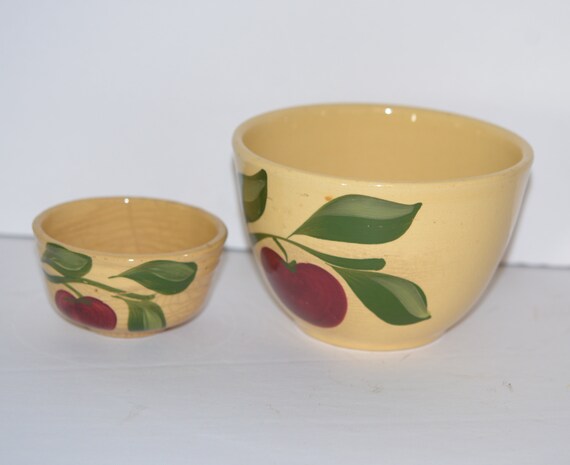 Two Watt Pottery Apple 1940 Mixing Bowls 1 cup and 4 inch larger size Pre 1958 Yellow Ware Pottery Primitive bowls