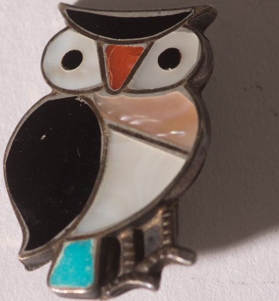 Zuni Style Enamel Inlaid Alpaca or sterling owl Pin Turquoise onyx inlay Free Shipping USA