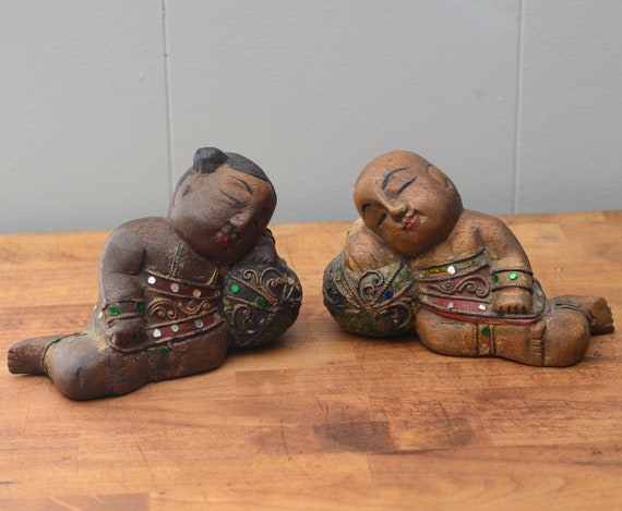 Wood Bookends, Reclining Buddha, bejeweled, sequin, hand carved Thai, Asian Vintage Book Ends Zen Moments