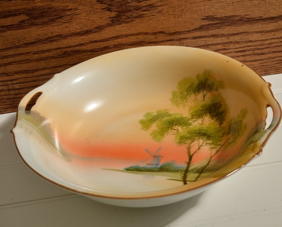 Handpainted Nippon Serving Bowl Windmill and Lake Scene Sunset and Sunrise Colors