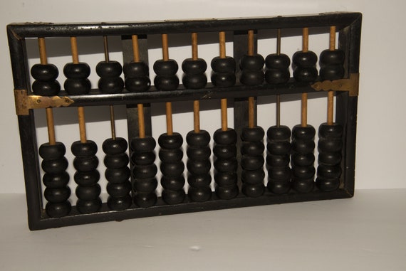 Vintage Lotus Flower Black Abacus 7 rows 63 beads Wood with 2 Metal Rods